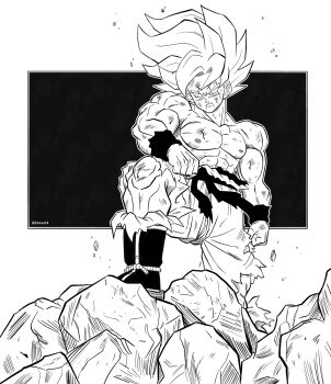 1boy abs battle_damage blood blood_from_mouth boots clenched_hands closed_mouth dragon_ball dragonball_z greyscale highres male_focus medium_hair monochrome muscular muscular_male naouuma_art pants solo son_goku spiked_hair super_saiyan super_saiyan_1 topless_male torn_clothes torn_pants white_background