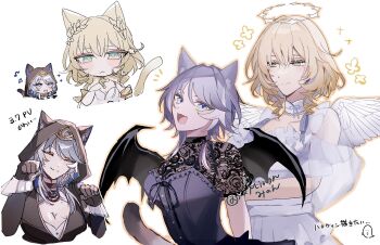 2girls aglaea_(honkai:_star_rail) alternate_costume angel_wings animal_ear_fluff animal_ears blonde_hair blue_eyes bow braid cat_ears cat_girl cat_tail cipher_(honkai:_star_rail) clothing_cutout commentary demon_wings dress green_eyes grey_hair highres honkai:_star_rail honkai_(series) lace multiple_girls short_hair tail wings xxminon yuri