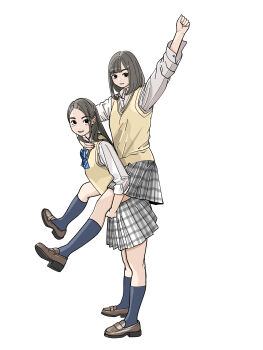 Rule 34 | 2girls, absurdres, arm up, black eyes, blue bow, bow, brown hair, brown shoes, carrying, grey skirt, grey socks, highres, loafers, long hair, medium hair, multiple girls, piggyback, plaid clothes, plaid skirt, sakamoto giulietta, school uniform, shoes, simple background, skirt, smile, socks, standing, vest, white background, yellow vest