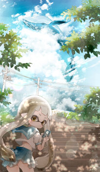 1girl anon1um blue_skirt blue_sky blush cellphone closed_mouth cloud commentary_request dot_mouth dot_nose flying_whale grey_hair highres holding holding_phone inkling inkling_girl inkling_player_character leaning_forward long_hair looking_at_viewer looking_back median_furrow nintendo outdoors phone pleated_skirt pointy_ears short_eyebrows skirt sky smartphone solo splatoon_(series) splatoon_3 stairs tentacle_hair thick_eyebrows very_long_hair whale yellow_eyes