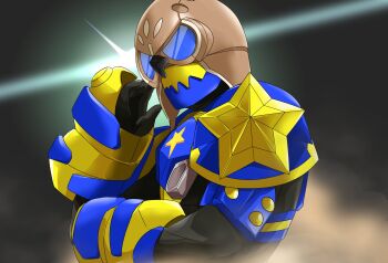 1boy bird black_bodysuit black_gloves blue_eyes bodysuit brown_headwear from_side gloves highres kamen_rider kamen_rider_geats_(series) kamen_rider_nudge_sparrow lens_flare looking_at_viewer male_focus miyabi_(037) monster monster_buckle open_hand sparrow star_(symbol) upper_body