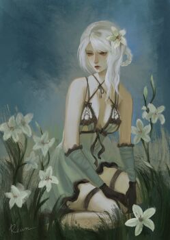 1girl black_gloves braid braided_hair_rings breasts closed_mouth commentary english_commentary flower gloves hair_flower hair_ornament hair_rings highres kaine_(nier) lingerie long_hair negligee nier nier_(series) no_bandages on_grass reiinx signature sitting solo underwear wavy_hair white_flower white_hair