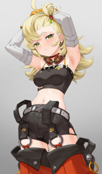 Rule 34 | 1girl, absurdres, armpits, arms up, black shorts, black tube top, blonde hair, commentary request, crop top, detached sleeves, gloves, googly eyes, green eyes, hair bun, highres, john5642841, midriff, navel, o-ring, orange pants, pants, piper wheel, shorts, single hair bun, strapless, tank top, tube top, yellow gloves, zenless zone zero