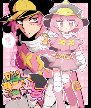 1boy 1girl ? belt black_border blonde_hair blunt_ends boots border capelet chibi chibi_inset commentary cream_starter_(stand) diego_brando dress full_body gloves hashtag-only_commentary hat high_collar highres hot_pants_(sbr) jojo_no_kimyou_na_bouken long_sleeves multiple_views outside_border pantyhose pink_eyes pink_hair rizometa28 scary_monsters_(stand) short_hair spoken_question_mark steel_ball_run striped_clothes striped_pantyhose striped_sleeves