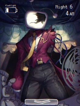 1boy ant_tenna battery_indicator belt black_pants cable collared_shirt cracked_screen crt deltarune electric_fan five_nights_at_freddy&#039;s humanoid_robot indoors iq2coore male_focus mechabare missing_limb necktie object_head pants parody radio_antenna robot shirt solo stuffed_toy tailcoat timestamp torn_clothes utdr_(toby_fox) white_shirt yellow_necktie