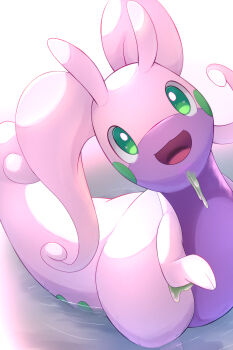 Rule 34 | :d, commentary request, gen 6 pokemon, goodra, green eyes, happy, highres, looking at viewer, nintendo, no humans, open mouth, pokemon, pokemon (creature), pokemon focus, ripples, rumine (yoshi1234567), smile, solo, wading, water