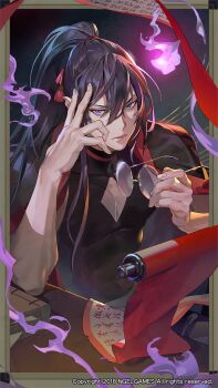 1boy black_hair black_shirt blue_eyes border character_request cleavage_cutout closed_mouth clothing_cutout copyright_notice expressionless fire hair_between_eyes highres holding holding_removed_eyewear indoors long_hair looking_at_viewer lord_of_dice pectoral_cleavage pectorals ponytail purple_fire scroll shirt sitting unworn_eyewear uoongpig