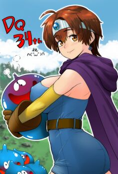 1girl 2020 arioarimura blush breasts brown_eyes brown_hair cape dragon_quest dragon_quest_iii earrings elbow_gloves gloves heroine_(dq3) highres hug jewelry looking_at_viewer monster outdoors roto_(dq3) short_hair slime_(creature) smile tomboy