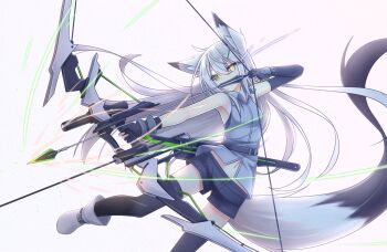 1girl animal_ears arrow_(projectile) asymmetrical_gloves black_thighhighs boots bow_(weapon) commentary_request drawing_bow fingerless_gloves fox_ears fox_girl fox_tail gloves highres holding holding_arrow holding_bow_(weapon) holding_weapon long_hair navel original short_shorts shorts sleeveless solo tail thighhighs uneven_gloves weapon white_hair yellow_eyes yukishiro_haku
