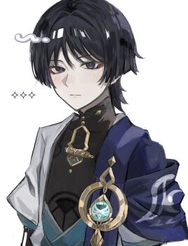 Rule 34 | 1boy, anemo symbol (genshin impact), applecandy914, aqua gem, arms at sides, black bodysuit, blue kimono, blue sleeves, blunt ends, bodysuit, cape, closed mouth, commentary request, covered collarbone, eyeliner, gem, genshin impact, gold, hair intakes, highres, japanese clothes, juban, kimono, layered sleeves, light blush, looking at viewer, makeup, male focus, mandarin collar, open clothes, open kimono, portrait, purple cape, purple eyes, red eyeliner, scaramouche (genshin impact), short sleeves, solo, tsurime, vision (genshin impact), wanderer (genshin impact), white background, white kimono, white sleeves, white trim, wispy bangs