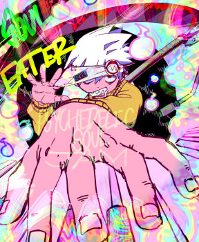 1boy jacket male_focus otojirou perspective red_eyes saliva sharp_teeth soul_eater soul_evans spiked_hair teeth white_hair yellow_jacket