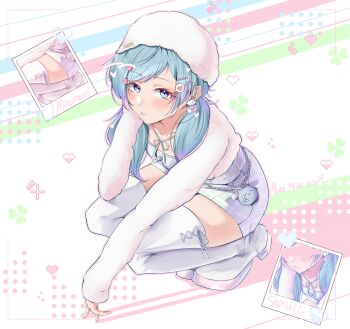 Rule 34 | 1girl, :t, absurdres, blue eyes, blue hair, blush, boots, breasts, character name, chase my ideal idol! (project sekai), closed mouth, clover, commentary, cropped jacket, dress, earrings, envelope earrings, fur hat, fur jacket, green dress, group name, hair ornament, hairclip, hand on own cheek, hand on own face, hand up, hat, heart, heart hair ornament, highres, hinomori shizuku, jacket, jewelry, long hair, long sleeves, looking at viewer, low twintails, mole, mole under mouth, noza ra, official alternate costume, official alternate hairstyle, photo (object), pixel heart, pom pom (clothes), pom pom earrings, project sekai, ribbon, short dress, sidelocks, small breasts, solo, swept bangs, thigh boots, thighhighs, twintails, untranslatable commentary, white boots, white hat, white ribbon, zettai ryouiki