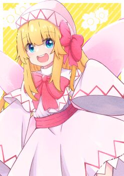 1girl blonde_hair blue_eyes boss9331 bow bowtie capelet commentary_request dress fairy fairy_wings hat hat_bow highres lily_white long_hair long_sleeves looking_at_viewer making-of_available open_mouth pink_bow pink_bowtie pink_hat sleeves_past_fingers sleeves_past_wrists smile solo teeth touhou upper_teeth_only white_capelet white_dress wide_sleeves wings yellow_background
