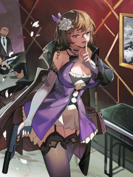 1girl 3boys absurdres bag bare_shoulders black_garter_straps black_thighhighs breasts bridal_gauntlets brown_hair cleavage commentary_request cowboy_shot dress elbow_gloves finger_to_mouth flower garter_straps gloves gun hair_flower hair_ornament handbag handgun highres holding holding_gun holding_weapon implied_death indoors large_breasts looking_at_viewer medium_hair multiple_boys original purple_dress rose shushing sleeveless sleeveless_dress sunglasses suppressor thighhighs weapon white_flower white_rose youlan