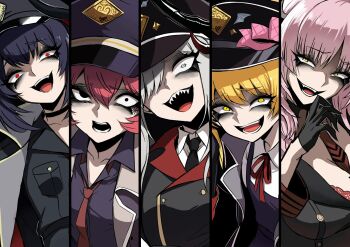 Rule 34 | 5girls, black horns, blonde hair, blue archive, breasts, chiaki (blue archive), curved horns, demon girl, demon horns, gehenna academy logo, grey hair, hair over one eye, halo, hat, highres, holding, horns, ibuki (blue archive), iroha (blue archive), long hair, makoto (blue archive), multiple girls, multiple horns, nagai negi, open mouth, pandemonium society (blue archive), peaked cap, pointy ears, prefect team (blue archive), red hair, satsuki (blue archive), smile, yellow halo