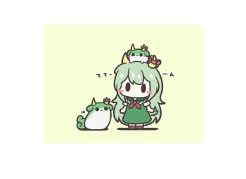 Rule 34 | 1girl, animal, animal on head, assist (2828), blush stickers, border, bow, chibi, chibi only, commentary, dress, ex-keine, green dress, green hair, highres, horn bow, horn ornament, horns, kamishirasawa keine, kamishirasawa keine (hakutaku), long hair, looking at viewer, on head, simple background, solid circle eyes, solid oval eyes, straight hair, sukusuku hakutaku, tail, touhou, very long hair, white border, yellow background