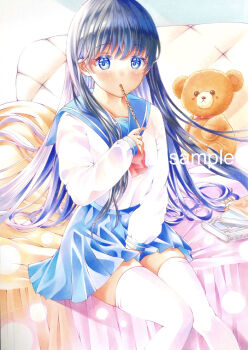 1girl blue_eyes blue_hair blue_sailor_collar blue_skirt book choppy_bangs commentary commentary_request eating english_commentary feet_out_of_frame food food_in_mouth hair_spread_out hand_up highres long_hair long_sleeves marker_(medium) miniskirt mixed-language_commentary on_bed original pile_of_books pleated_skirt pocky sailor_collar sample_watermark school_uniform serafuku shirt shirt_tucked_in sitting skirt solo stuffed_animal stuffed_toy teddy_bear tentekomai_(tenteko0214) thighhighs traditional_media very_long_hair watermark white_shirt white_thighhighs