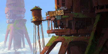 absurdres animal anthony_brault bird blue_sky day from_above highres industrial_pipe moss no_humans original rust scenery sign sky water_tank water_tower