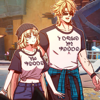 1boy 1girl alternate_costume aqua_jacket black_hat black_pants black_shirt blonde_hair blue_eyes clothes_around_waist commentary denim english_commentary facial_mark forehead_mark genshin_impact greedydeviant hat i'm_stuff_(meme) jacket jacket_around_waist jeans long_hair looking_at_another matching_outfits meme nicole_(genshin_impact) open_mouth pants plaid_clothes plaid_jacket scar scar_on_arm scar_on_face shirt short_hair short_sleeves smile sunglasses t-shirt two-tone_shirt upper_body varka_(genshin_impact) white_shirt