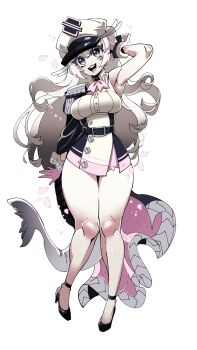 Rule 34 | 1girl, absurdres, arm behind head, artist request, belt, black belt, black shoes, breasts, buttons, commentary, epaulettes, gloves, grey eyes, hat, heart, heart in eye, high heels, highres, long hair, open mouth, pink gloves, seal girl, seal tail, shoes, single epaulette, snoozy (vtuber), socks agency, solo, symbol in eye, virtual youtuber, white background, white hat