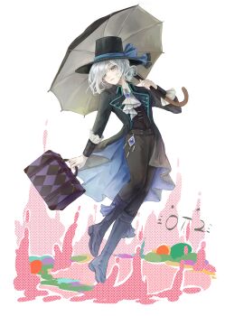 1girl absurdres apron black_boots black_coat black_hat black_pants black_umbrella black_vest blue_bow boots bow coat collared_shirt full_body grey_eyes grey_hair hair_bun hat hat_bow highres holding holding_suitcase holding_umbrella looking_at_viewer pants pants_tucked_in pink_liquid reverse:1999 shirt short_hair single_side_bun solo suitcase top_hat umbrella umbrella_over_shoulder vertin_(reverse:1999) vest waistcoat white_apron white_background white_shirt yangtong_:d~~