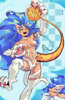 1girl absurdres animal_ears animal_hands big_hair blue_hair body_fur breasts cat_ears cat_girl cat_paws cat_tail claws commentary darkstalkers english_commentary felicia_(darkstalkers) highres large_breasts sherbovania tail white_fur