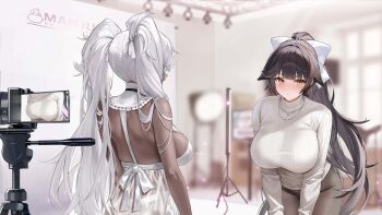 2girls alabama_(azur_lane) alabama_(through_your_lens_my_everything)_(azur_lane) azur_lane black_hair blurry blush breasts camera choker dark-skinned_female dark_skin depth_of_field dress game_cg highres indoors jewelry large_breasts long_hair looking_at_viewer manjuu_(azur_lane) model multiple_girls non-web_source ponytail ribbon shirt sideboob sweater takao_(azur_lane) takao_(inner_cultivation)_(azur_lane) twintails video_camera white_choker white_dress white_hair white_ribbon white_shirt white_sweater yellow_eyes