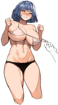 1girl blue_hair blush navel short_hair soolee040995 tagme tears underwear