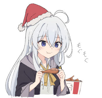 1girl :t ahoge black_jacket blue_eyes blush bow bowtie bucket chicken_(food) collared_shirt cropped_torso crossed_bangs double-parted_bangs dress elaina_(majo_no_tabitabi) food fried_chicken fur-trimmed_headwear fur_trim hair_between_eyes hat jacket kfc long_hair loose_bowtie majo_no_tabitabi red_hat santa_hat shiroirosky shirt sidelocks simple_background smile solo translation_request white_background white_hair white_shirt yellow_bow yellow_bowtie