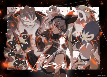 1girl bea_(pokemon) black_bodysuit black_hairband bodysuit bodysuit_under_clothes closed_mouth collared_shirt commentary_request dark-skinned_female dark_skin falinks gen_1_pokemon gen_6_pokemon gen_8_pokemon gloves grapploct grey_hair hairband hawlucha highres knee_pads long_sleeves looking_at_viewer machamp nintendo odd_(hin_yari) orange_eyes partially_fingerless_gloves pokemon pokemon_(creature) pokemon_swsh print_shirt shirt short_hair shorts single_glove sirfetch'd smile tied_shirt