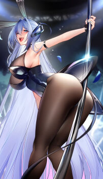 1girl absurdly_long_hair absurdres animal_ears arm_strap ass azur_lane bare_shoulders between_buttocks black_wrist_cuffs blue_eyes blue_leotard bodystocking breasts fake_animal_ears foot_out_of_frame from_below hair_intakes highres large_breasts leotard long_hair mcic0 new_jersey_(azur_lane) new_jersey_(exhilarating_steps!)_(azur_lane) official_alternate_costume open_mouth playboy_bunny pole pole_dancing rabbit_ears solo strapless strapless_leotard stripper_pole teeth upper_teeth_only very_long_hair wrist_cuffs
