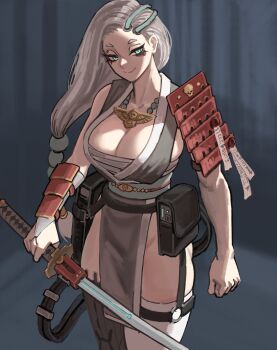 absurdres armor blue_eyes breasts bridal_gauntlets chest_sarashi cleavage collarbone electrical_outlet grey_hair highres holding holding_sword holding_weapon japanese_armor katana long_hair mechanical_legs ninja purity_seal sarashi shoulder_armor single_mechanical_leg skull sode soldat_(dndosld73832) sword thighhighs warhammer_40k weapon
