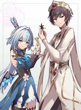 1boy 1girl black_hair black_thighhighs blue_dress blue_eyes blue_hair breasts cerydra_(honkai:_star_rail) chess_piece coat code_geass commentary_request detached_sleeves dress hair_intakes hat highres holding holding_chess_piece honkai:_star_rail honkai_(series) lelouch_vi_britannia long_hair male_focus medium_breasts pants purple_eyes queen queen_(chess) reia_hana short_hair simple_background single_thighhigh smile textless_version thighhighs thighs very_long_hair white_background white_coat white_hat white_pants