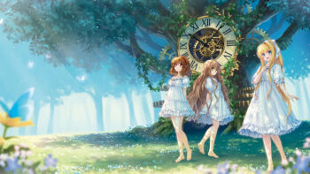 3girls :d ahoge air_(visual_novel) alternate_costume arm_at_side arms_behind_back artist_request bare_shoulders barefoot blonde_hair blue_butterfly blue_eyes blue_flower blurry braid brown_hair bug butterfly clenched_hand clock closed_mouth collarbone company_connection contrapposto crossover dappled_sunlight day depth_of_field dress eyes_visible_through_hair feet flower forest frilled_dress frilled_sleeves frills full_body gears glowing_butterfly grass green_eyes hair_between_eyes hair_flower hair_ornament hair_ribbon hairband hand_up happy highres insect kamio_misuzu kanbe_kotori kanon key_(company) long_hair looking_at_viewer medium_dress medium_hair multiple_girls nature off-shoulder_dress off_shoulder official_art on_grass open_mouth outdoors pink_flower ponytail promotional_art puffy_short_sleeves puffy_sleeves red_eyes red_hairband rewrite ribbon roman_numeral scenery short_dress short_sleeves sidelocks single_hair_intake smile soles split_mouth standing straight_hair sundress sunlight toes tree tsukimiya_ayu twin_braids very_long_hair wavy_hair white_dress white_ribbon yellow_flower
