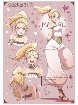 1girl bare_shoulders blonde_hair breasts chrono_trigger dated full_body green_eyes jewelry long_hair looking_at_viewer marle_(chrono_trigger) maruno open_mouth ponytail smile solo watermark