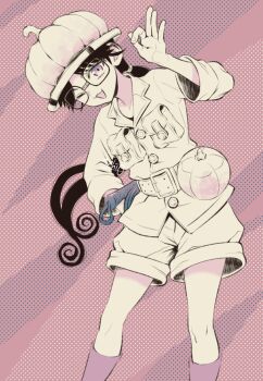 1girl :3 belt black_hair chelsea_childe dr._stone explosive glasses gloves grenade head_tilt helmet highres limited_palette long_hair looking_at_viewer ninomae_gin ok_sign one_eye_closed open_mouth pocket ponytail pumpkin pumpkin_hat pumpkin_on_head purple_eyes scissors shorts smile socks solo weapon