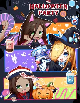 1girl 2boys :d animal_ears ascot barefoot black_dress blonde_hair blue_bow blue_bowtie blue_eyes blush bow bowtie brown_hair candy candy_cane cat_ears cat_girl cat_tail chinese_clothes cup dark-skinned_female dark_skin dress drink drinking_straw english_text fangs food fruit gradient_hair green_eyes hair_over_one_eye halloween halloween_bucket halloween_costume happy_halloween hat hat_bow hat_ornament highres holding horns jack-o&#039;-lantern jar jiangshi jiangshi_costume juice lollipop long_hair long_sleeves looking_at_viewer louis_arneb lye_batenkaitos lying milk milk_carton multicolored_hair multiple_boys multiple_girls ofuda on_stomach one_eye_covered open_mouth outline parted_bangs pumpkin qingdai_guanmao re:zero_kara_hajimeru_isekai_seikatsu red_hair roy_alphard sharp_teeth sleeves_past_fingers sleeves_past_wrists smile star_(symbol) strawberry tail teeth xianyurenkule1