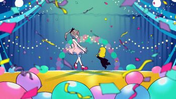 1boy 1girl balloon confetti decorations dress formal_clothes grey_hair highleg highres komazaki_tomomi makaino_ririmu mode_aim multicolored_hair nijisanji official_art party peanuts-kun pink_dress pink_hair ponytail smile suit two-tone_hair