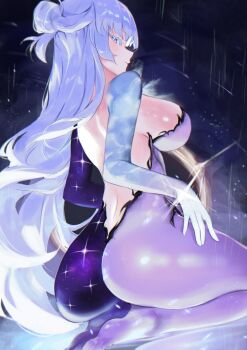 1girl absurdres ass asymmetrical_gloves back backless_bodysuit black_gloves blue_eyes bodysuit breasts commentary elbow_gloves english_commentary from_behind gloves goddess_of_victory:_nikke highres hirosenpai large_breasts long_hair mismatched_gloves multicolored_bodysuit nayuta_(nikke) seiza sideboob sitting soles solo toes two-tone_bodysuit very_long_hair white_gloves white_hair
