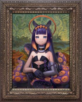 1girl :&gt; absurdres asymmetrical_gloves bare_shoulders blue_eyes border breasts choker cosplay dress fine_art_parody gloves halo hands_on_lap highres hololive hololive_english laaaw444 looking_at_viewer mona_lisa multicolored_hair ninomae_ina&#039;nis ninomae_ina&#039;nis_(1st_costume) orange_hair ornate_border parody pointy_ears portrait purple_hair ribbon small_breasts smile tentacles virtual_youtuber