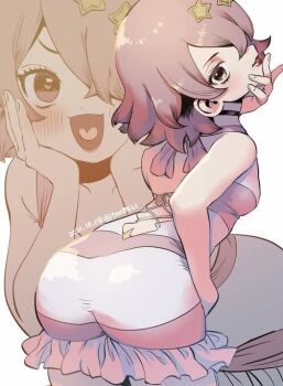 1girl ass blush dated dr._stone from_behind hair_ornament hair_over_one_eye hands_on_own_face heart heart-shaped_pupils heart_in_mouth looking_at_viewer looking_back luna_wright one-piece_swimsuit open_mouth purple_hair short_hair simple_background smile solo star_(symbol) star_hair_ornament swimsuit symbol-shaped_pupils tmr0621 twitter_username white_background