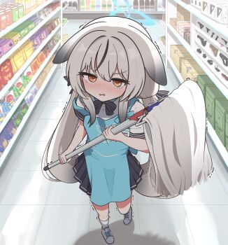 1girl absurdres animal_ears apron blue_apron blue_archive blue_halo brown_eyes commentary_request convenience_store grey_hair halo highres holding holding_mop kokona_(blue_archive) korean_commentary looking_at_viewer mop shirt shop store_clerk thighs tiger_ears tiger_girl vinto716 white_shirt