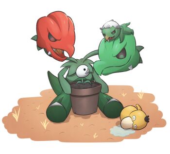 capsakid chiriwi closed_mouth commentary_request company_connection crossover evolutionary_line fangs flower_pot gen_1_pokemon grass mario_(series) multiple_heads nintendo nipper_plant no_humans on_head open_mouth plant pokemon pokemon_(creature) pokemon_focus pokemon_on_head potted_plant psyduck scovillain sitting smile sprayduck