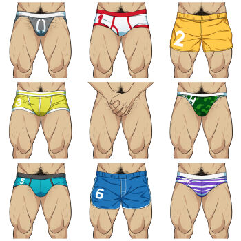 Rule 34 | 6+boys, absurdres, bara, blue male underwear, blue shorts, boxer briefs, boxers, briefs, bulge, camouflage, camouflage male underwear, camouflage underwear, classic fly briefs, completely nude, covering crotch, covering privates, dolphin shorts, green male underwear, grey male underwear, hairy, highres, jockstrap, koji (wildlhz), leg hair, lower body, male focus, male pubic hair, male underwear, mature male, multiple boys, muscular, muscular male, navel hair, nude, original, print male underwear, pubic hair, purple male underwear, shorts, simple background, thick thighs, thighs, topless male, underwear, underwear only, wet, wet clothes, wet male underwear, white background, yellow male underwear