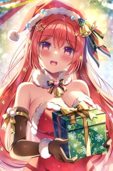 1girl :d bell blurry blurry_background blush box breasts brown_gloves christmas cleavage commentary_request depth_of_field dress elbow_gloves fur-trimmed_dress fur-trimmed_headwear fur_trim gift gift_box gloves hair_between_eyes hair_ornament hat heart highres holding holding_gift kouta. large_breasts looking_at_viewer neck_bell open_mouth original red_dress red_eyes red_hair santa_costume santa_hat smile solo star_(symbol) star_hair_ornament strapless strapless_dress translation_request upper_body
