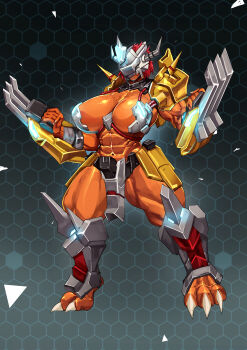 Rule 34 | 1girl, abs, absurdres, armor, bikini armor, breasts, claws, digimon, digimon (creature), genderswap, gigantic breasts, highres, manob0028, monster girl, muscular, muscular arms, muscular female, muscular legs, pasties, revealing clothes, sagging breasts, thick thighs, thighs, wargreymon, wargreymon x-antibody