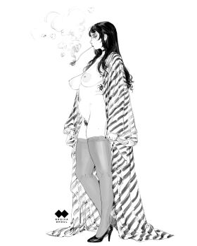 1girl arms_at_sides artist_logo artist_name belly breasts breasts_apart choker closed_mouth commentary english_commentary facing_ahead female_pubic_hair fingernails from_side full_body godiva_ghoul greyscale hair_behind_ear half-closed_eyes heel_up high_heels highres jewelry large_areolae large_breasts lips logo long_hair long_sleeves mole monochrome mouth_hold multiple_rings navel nipples nude open_clothes original parted_bangs profile pubic_hair ring robe sagging_breasts sidelocks simple_background skindentation smoke smoking smoking_pipe solo standing stomach striped_clothes striped_robe thighhighs thighs white_background wide_sleeves