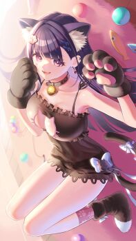 1girl akuma_nihmune akuma_nihmune_(nyami) animal_ears animal_hands bell black_negligee black_nightgown black_panties bow breasts cat_cutout cat_ears cat_lingerie cat_tail cleavage cleavage_cutout clothing_cutout collar facial_mark frilled_nightgown gloves hair_ornament heart heart_facial_mark highres indie_virtual_youtuber large_breasts lelele84 lingerie long_hair looking_at_viewer lying neck_bell negligee nightgown on_back panties paw_gloves paw_hair_ornament purple_hair tail tail_bow tail_ornament underwear virtual_youtuber