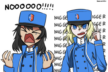 2girls andou_(girls_und_panzer) artist_name bc_freedom_(emblem) bc_freedom_military_uniform black_hair blonde_hair blue_eyes blue_jacket blue_sweater blue_vest closed_eyes crying dark-skinned_female dark_skin dress_shirt emblem fang girls_und_panzer hat high_collar insult jacket koalakanru medium_hair military military_hat military_uniform multiple_girls necktie open_mouth oshida_(girls_und_panzer) racism shirt shouting striped_necktie sweater talking vest