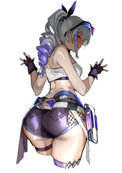 1girl ass black_gloves black_shorts commentary_request cropped_legs cropped_shirt drill_hair drill_ponytail eyewear_on_head fingerless_gloves from_behind gloves grey_hair highres honkai:_star_rail honkai_(series) long_hair looking_back otimusyairoha purple_hair shirt shorts silver_wolf_(honkai:_star_rail) simple_background single-shoulder_shirt solo thigh_strap underbutt white_background white_shirt